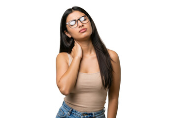 A young woman with long black hair and glasses holds her neck in pain, isolated on a transparent background