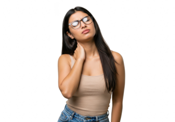 A young woman with long black hair and glasses holds her neck in pain, isolated on a transparent background
