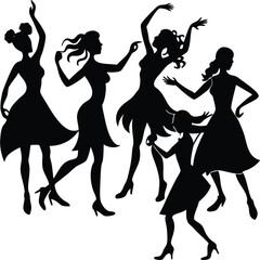 Black Silhouettes of Dancing Women and Girls in Isolated Pose
