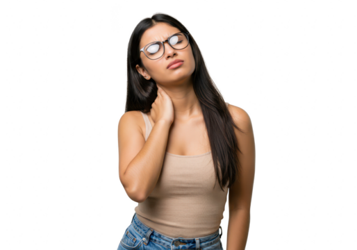 A young woman with long black hair and glasses holds her neck in pain, isolated on a transparent background