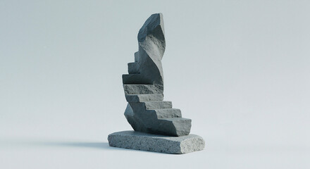  Monochrome minimalist stone sculpture composition – stairway to heaven. Monument with steps on neutral natural background