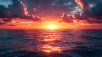 Fototapeta premium A peaceful ocean view under a glowing sky, horizon melting into the warm tones of the evening sun