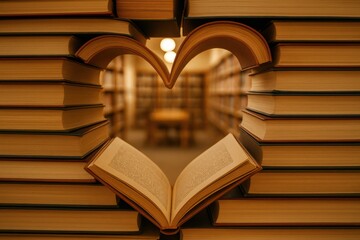 Open book and stacked volumes form heart in library. Great for book clubs, academic posters, or romance in literature promotions.
