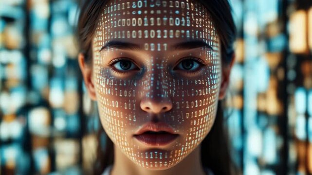 Human-computer interaction concept - HCI. A person with binary code projected onto their face, an intimate interaction between humans and digital technology in the digital world. 4k video