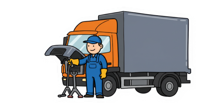 Cartoon Mechanic Inspecting or Repairing Truck Engine Illustration