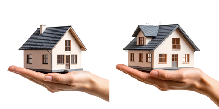 Set of Side View of Hand Holding Modern Minimalist House Model, Transparent Background PNG