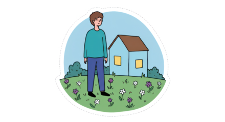 Man Standing in Garden with House Illustration