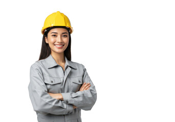 A smiling asian woman wearing a yellow hard hat and grey work uniform with arms crossed, looking confident, isolated on a transparent background