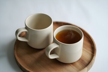 Obraz premium Two white ceramic mugs on a tray isolated on clean white background, minimalistic style.