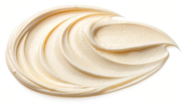 Swirl of creamy yellow frosting or icing on a white background
