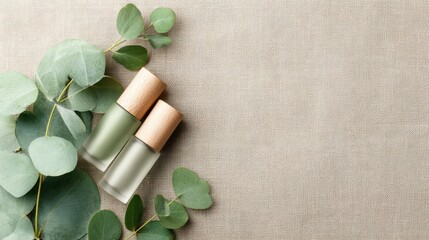 Cosmetic bottles with eucalyptus flowers towels and linen on pastel background top view flat lay natural organic skincare and spa concept perfect for beauty product branding body care wellness design