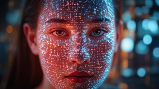 Human-computer interaction concept - HCI. A person with binary code projected onto their face, an intimate interaction between humans and digital technology in the digital world. 4k video