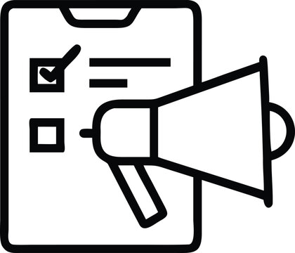 recommend clip art: Clipboard checklist with megaphone icon for marketing campaign announcement in thin line art