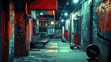 Urban gym interior at night with vibrant graffiti and workout equipment illuminated by neon lights