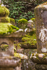 Moss-covered Buddha statue in a serene Japanese garden. The ancient stone sculpture is surrounded...