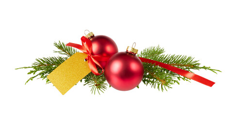 christmas tree decorations with fir tree twigs, red balls, ribbon bow and golden gift tag lable...