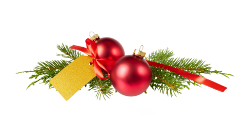 christmas tree decorations with fir tree twigs, red balls, ribbon bow and golden gift tag lable isolated on white or transparent png