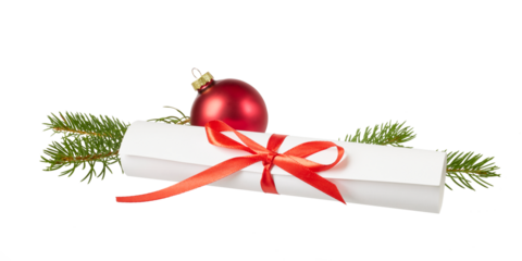 white wish list roll with red ribbon knot, christmas ball and fir tree branches isolated on white or transparent png