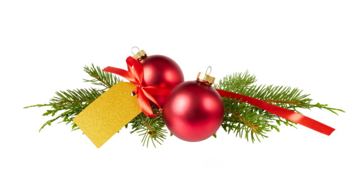 christmas tree decorations with fir tree twigs, red balls, ribbon bow and golden gift tag lable isolated on white or transparent png