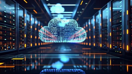 High-tech storage environment showcasing a digital cloud and data flow in a server room with glowing circuits and vibrant colors - Powered by Adobe