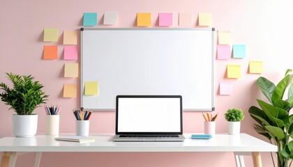 Modern Workspace With Laptop Whiteboard And Colorful Sticky Notes