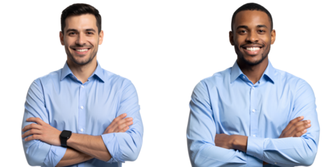  Set of Confident Businessman in Blue Shirt with Arms Crossed, Direct Eye Contact, Isolated on Transparent Background PNG