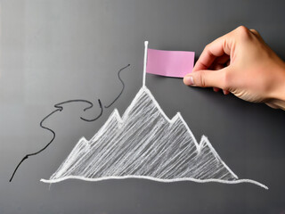 Conquering the Summit: A symbolic hand plants a flag atop a hand-drawn mountain, representing triumph and goal attainment. The image evokes a sense of ambition, achievement.