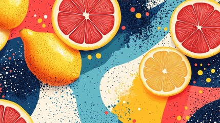 Abstract geometric citrus fruit pattern with vibrant colors, playful vector background inspired by fresh sliced lemons