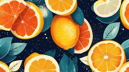 Abstract geometric citrus fruit pattern with vibrant colors, playful vector background inspired by fresh sliced lemons
