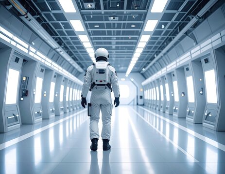 Astronaut walking in a futuristic corridor
