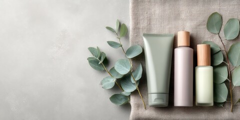 Cosmetic bottles with eucalyptus flowers towels and linen on pastel background top view flat lay natural organic skincare and spa concept perfect for beauty product branding body care wellness design