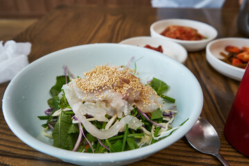 Korean Raw Fish Salad with Vegetables and Sesame Seeds