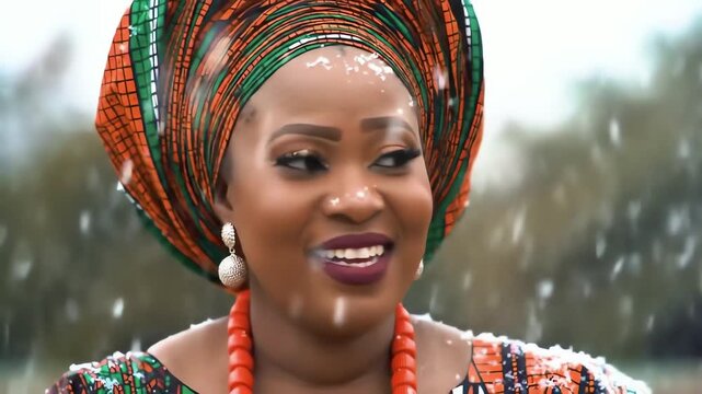 Beautiful African woman in traditional cultural attire and headwrap smiling in the falling snow
