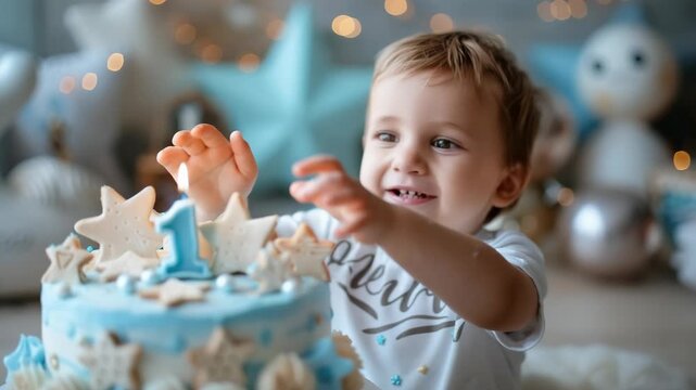 Joyful Toddler Celebrating First Birthday with Decorated Cake and Candle