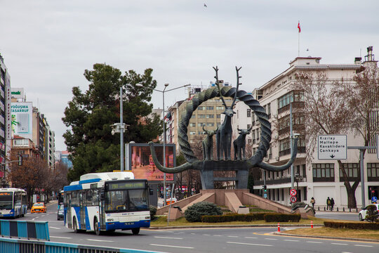 Turkey - February 27 ,2022:The "sun disk monument with a deer figure" built in Ankara's Sıhhiye Square Turkey