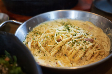 Creamy Carbonara Pasta in Stainless Pan