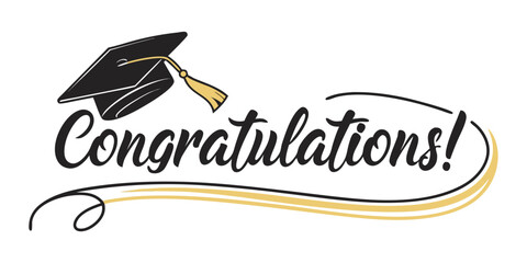 Elegant Calligraphy-Style Congratulations Vector – Black Script Text with Gold Outline, Underline Swoosh, and Graduation Cap