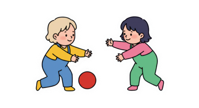 Cute Cartoon Kids Playing Catch with Red Ball Illustration