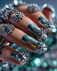 Chrome stiletto nails with sharp metallic tips and reflections, highlighting modern and avant-garde manicure trends