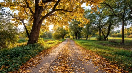 Fototapeta premium A dirt path winds through a lush park with vibrant autumn foliage and tall trees