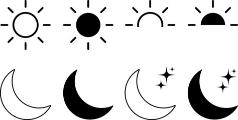 Sun and moon icons set. Screen brightness and contrast level signs. Day and Night icon symbol
