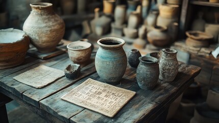Ancient cultural artifacts on rustic wooden table, historical archeological objects displayed in natural warm lighting