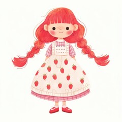 Fototapeta premium Girl with bubblegum-pink braids in strawberry print dress illustration children's character.