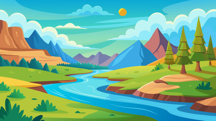Vector art of a vibrant cartoon landscape unfolds with a winding river flowing through a lush valley, flanked by majestic mountains under a bright, cloudy sky