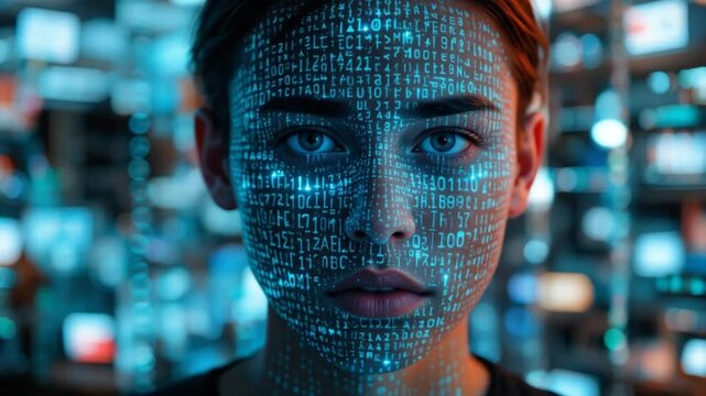Human-computer interaction concept - HCI. A person with binary code projected onto their face, an intimate interaction between humans and digital technology in the digital world. 4k video