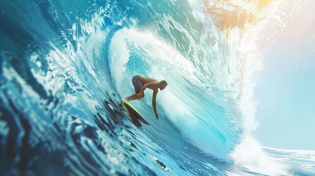 Surfer on Blue Ocean Wave in the Tube Getting Barreled