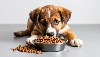 A brown and white puppy lies adorably on the floor, eating kibble from a food bowl, with some dry dog food scattered around—capturing a candid moment of feeding and cuteness.
