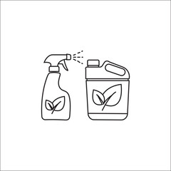 Black outline icon of eco-friendly cleaning spray and detergent bottle with leaf label – minimal organic product vector isolated on transparent background for green household, chemical-free, and safe 