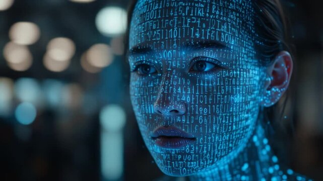 Human-computer interaction concept - HCI. A person with binary code projected onto their face, an intimate interaction between humans and digital technology in the digital world. 4k video