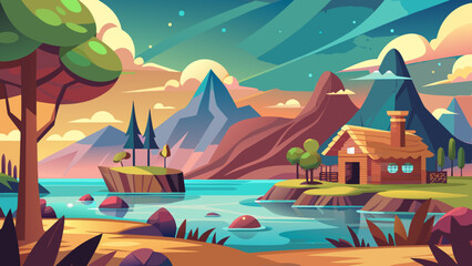 Vector art of a charming cartoon landscape depicts a serene river flowing past a cozy cabin nestled among rolling hills and majestic mountains under a colorful sky